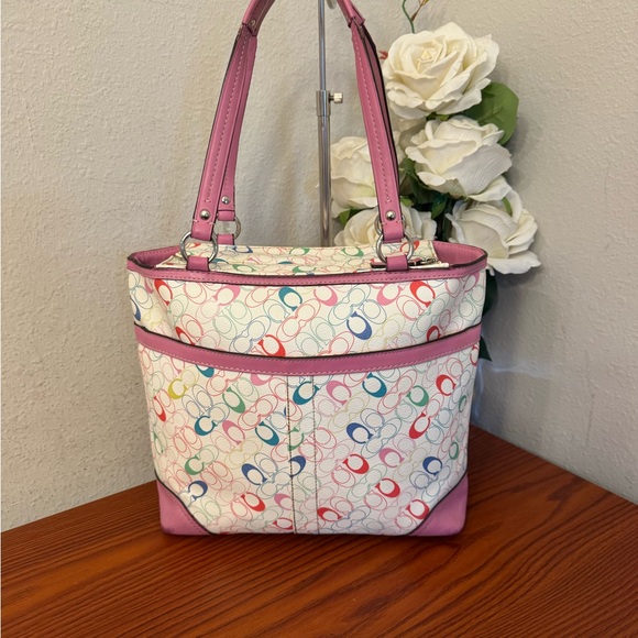 Coach Pink Multicolor Signature Tote with Cherry Charm Accent - Picture 7 of 13